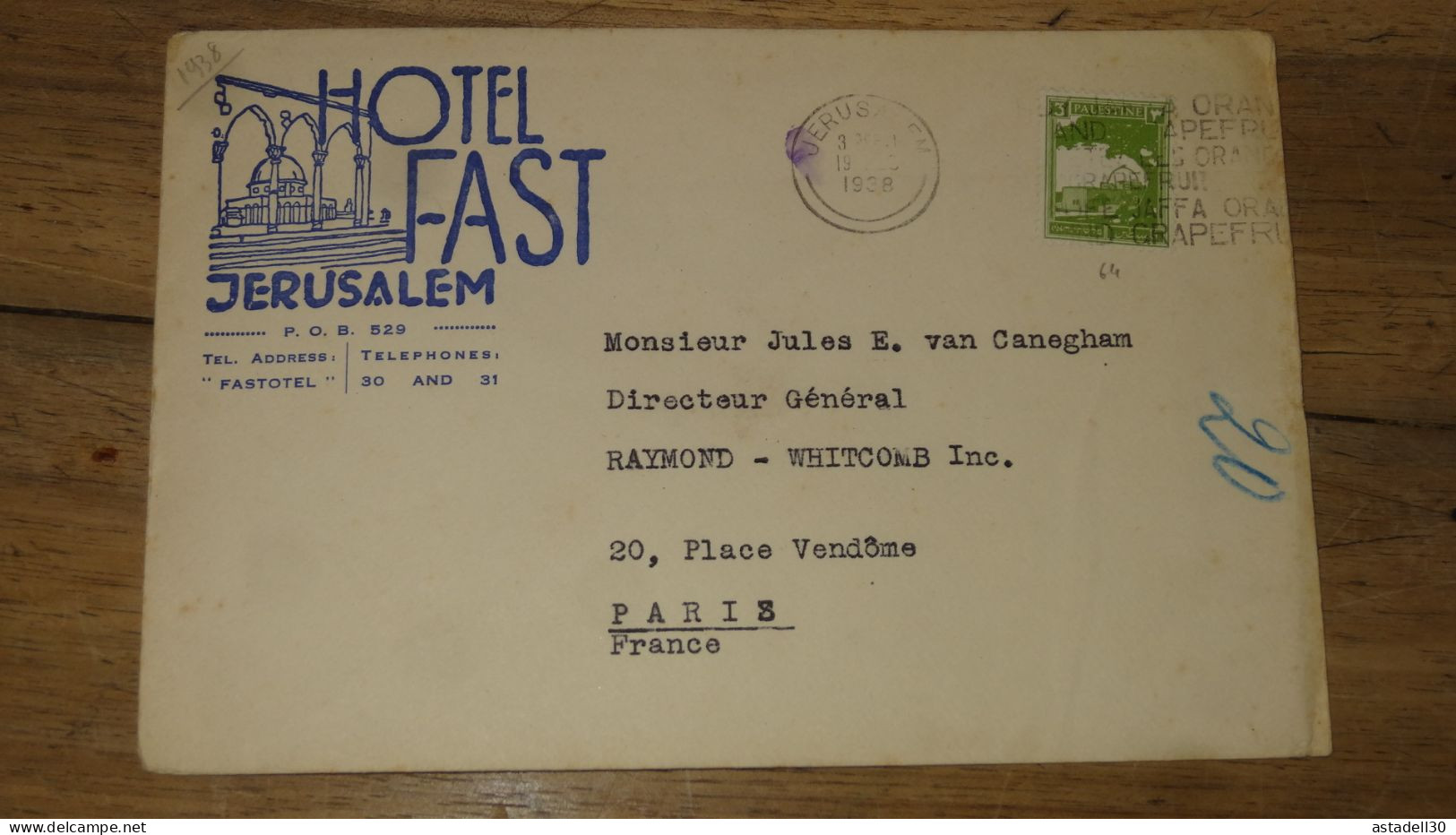 Enveloppe Commerciale PALESTINE, Jerusalem 1938 ......... Boite1 ..... 240424-204 - Palestine