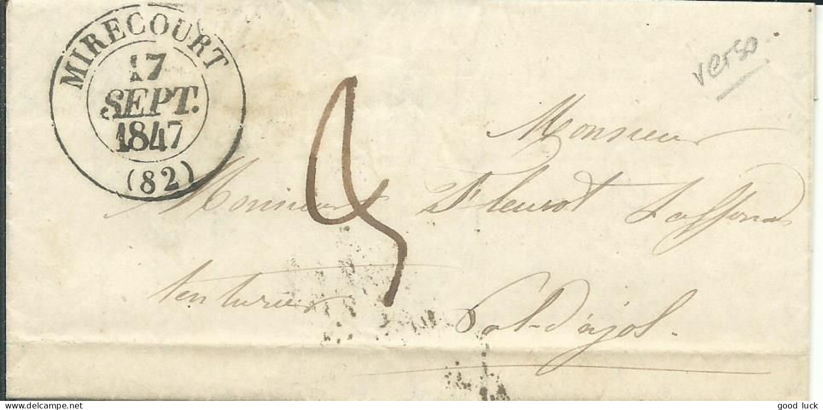 FRANCE CACHET MIRECOURT ( VOSGES ) + CURSIVE POUR VAL D' AJOL DE 1847 LETTRE COVER - 1801-1848: Precursors XIX