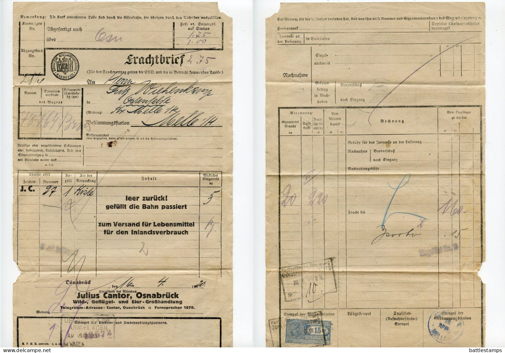 Germany 1920 Königliche Eisenbahndirektion Frachtbrief (Waybill); Osnabrück To Melle; 15pf. Frachtstempel - Cartas & Documentos