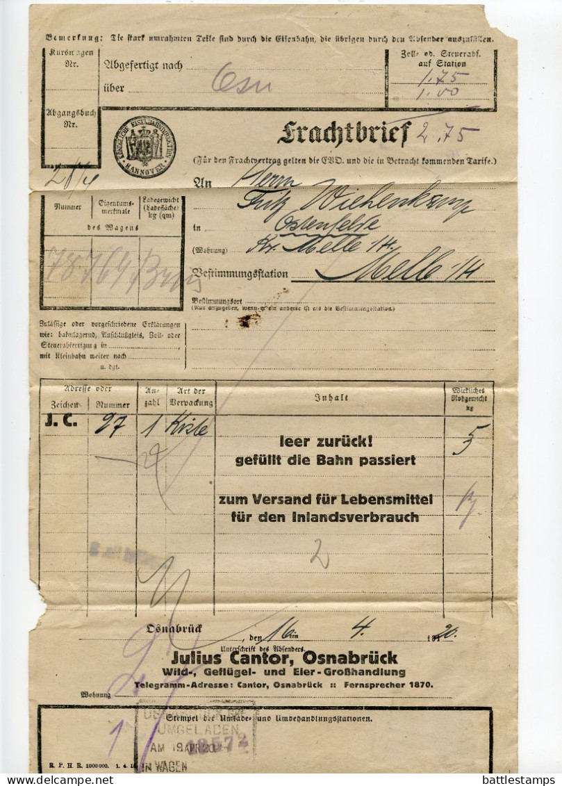 Germany 1920 Königliche Eisenbahndirektion Frachtbrief (Waybill); Osnabrück To Melle; 15pf. Frachtstempel - Briefe U. Dokumente