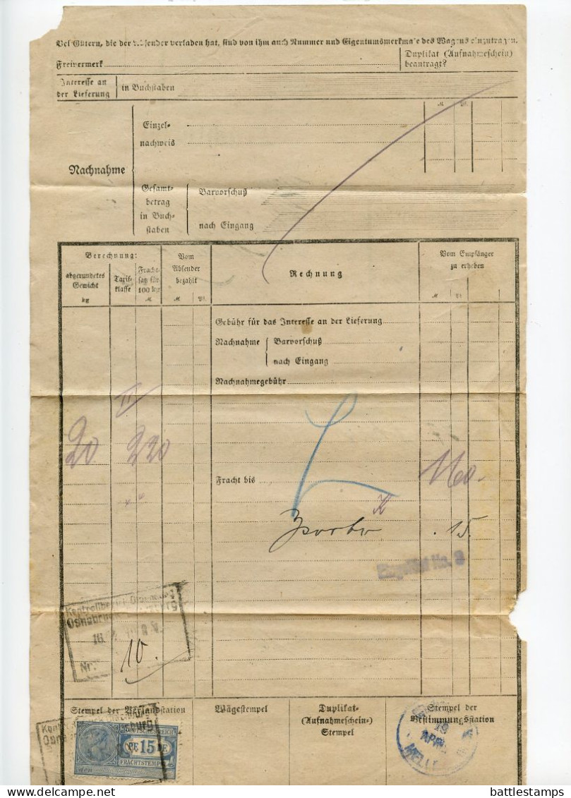 Germany 1920 Königliche Eisenbahndirektion Frachtbrief (Waybill); Osnabrück To Melle; 15pf. Frachtstempel - Brieven En Documenten