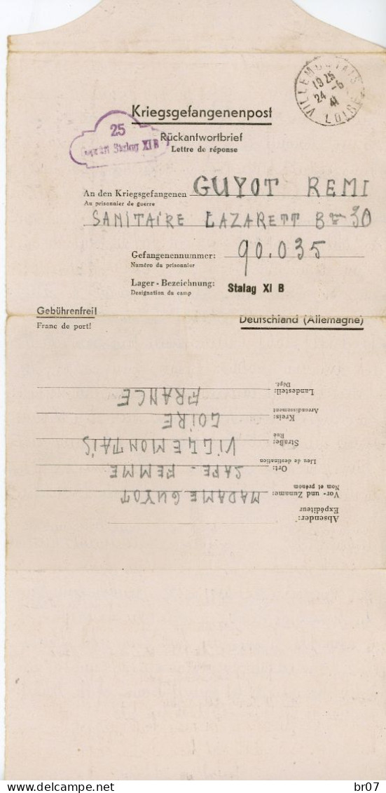 LOIRE VILLEMONTAIS CLFM PRISONNIERS GUERRE 1941 SURCHARGE STALAG XIB= FALLINGSBOSTEL HANOVRE=> LAZARETT 90035 STALAG XIB - Guerre De 1939-45