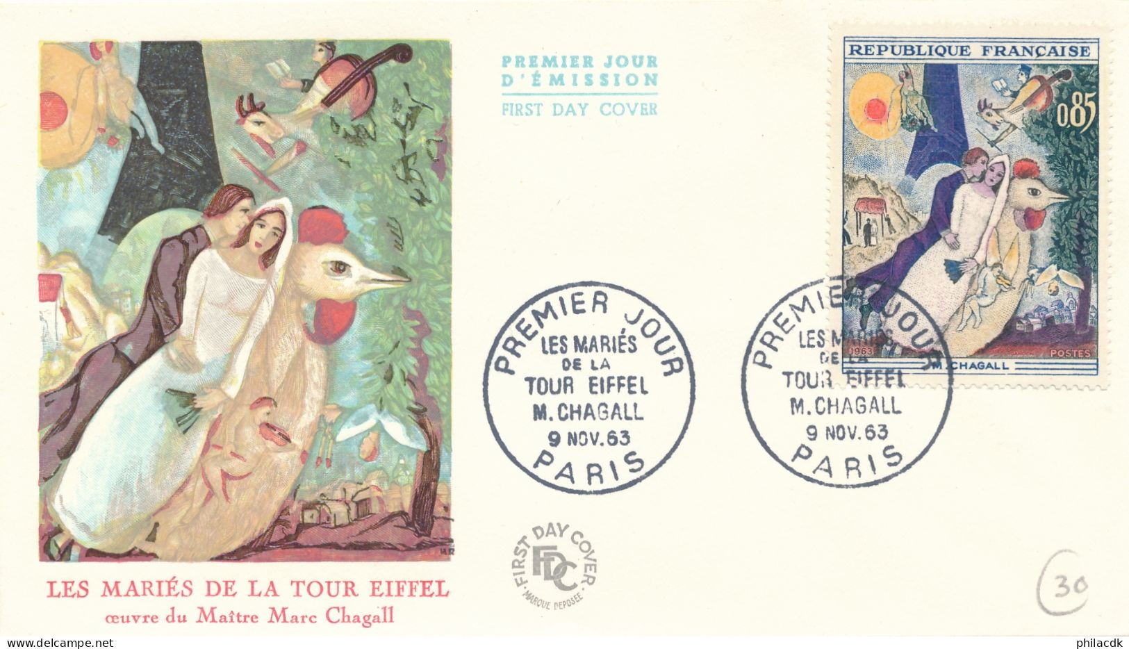 FRANCE - ENVELOPPE PREMIER JOUR TABLEAU LES MARIES DE LA TOUR EIFFEL MARC CHAGALL OBLITEREE PARIS DU 9 11 1963 - 1960-1969