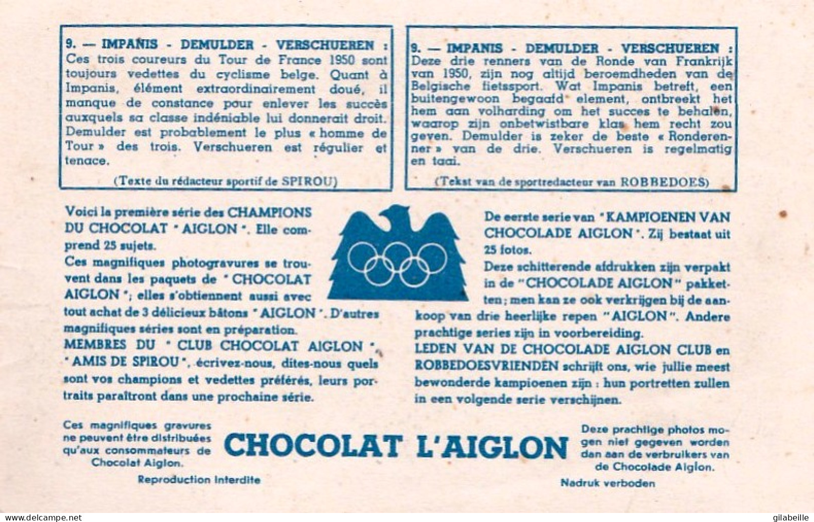 Cyclisme - Coureurs Cyclistes - Impanis - Demulder - Verschueren - Publicite Chocolat L'Aiglon - Ciclismo