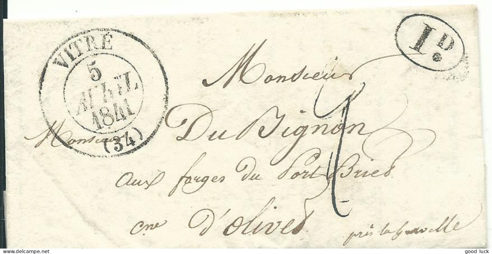 FRANCE CACHET VITRE ( ILLE ET VILAINE ) POUR OLIVET ( MAYENNE ) DE 1841 LETTRE COVER - 1801-1848: Précurseurs XIX