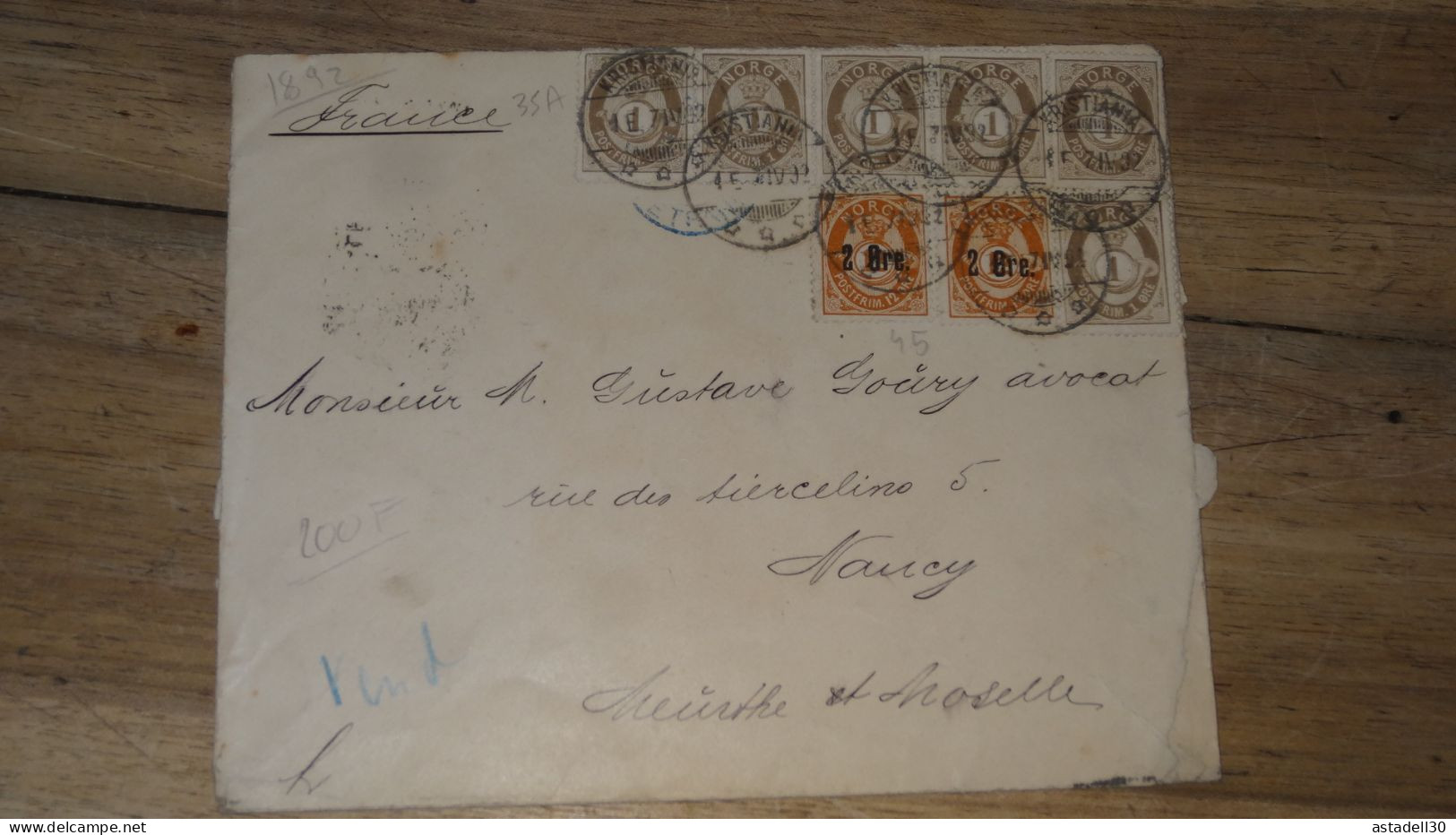 Enveloppe NORGE, Christiania 1892 ......... Boite1 ..... 240424-209 - Briefe U. Dokumente