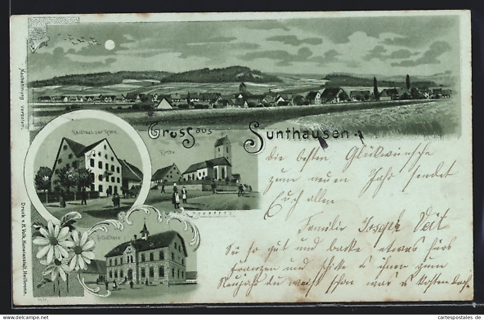 Mondschein-Lithographie Sunthausen, Gasthaus Zur Krone, Schule, Kirche  - Other & Unclassified