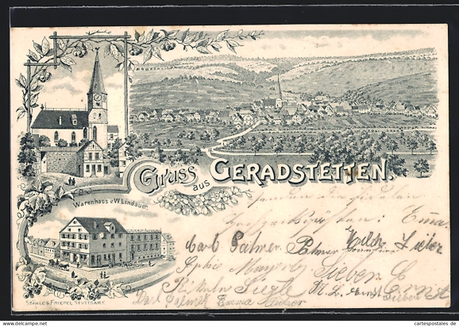 Lithographie Geradstetten, Warenhaus Von W. Lindauer, Kirche, Ortsansicht  - Other & Unclassified
