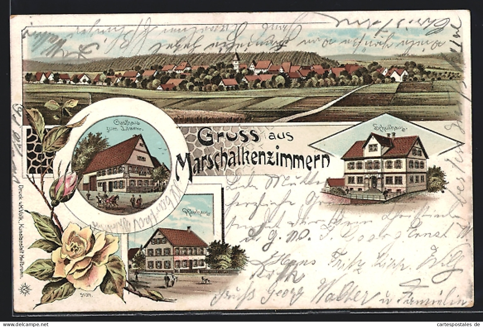 Lithographie Marschalkenzimmern, Gasthaus Zum Löwen, Schulhaus, Pfarrhaus  - Other & Unclassified