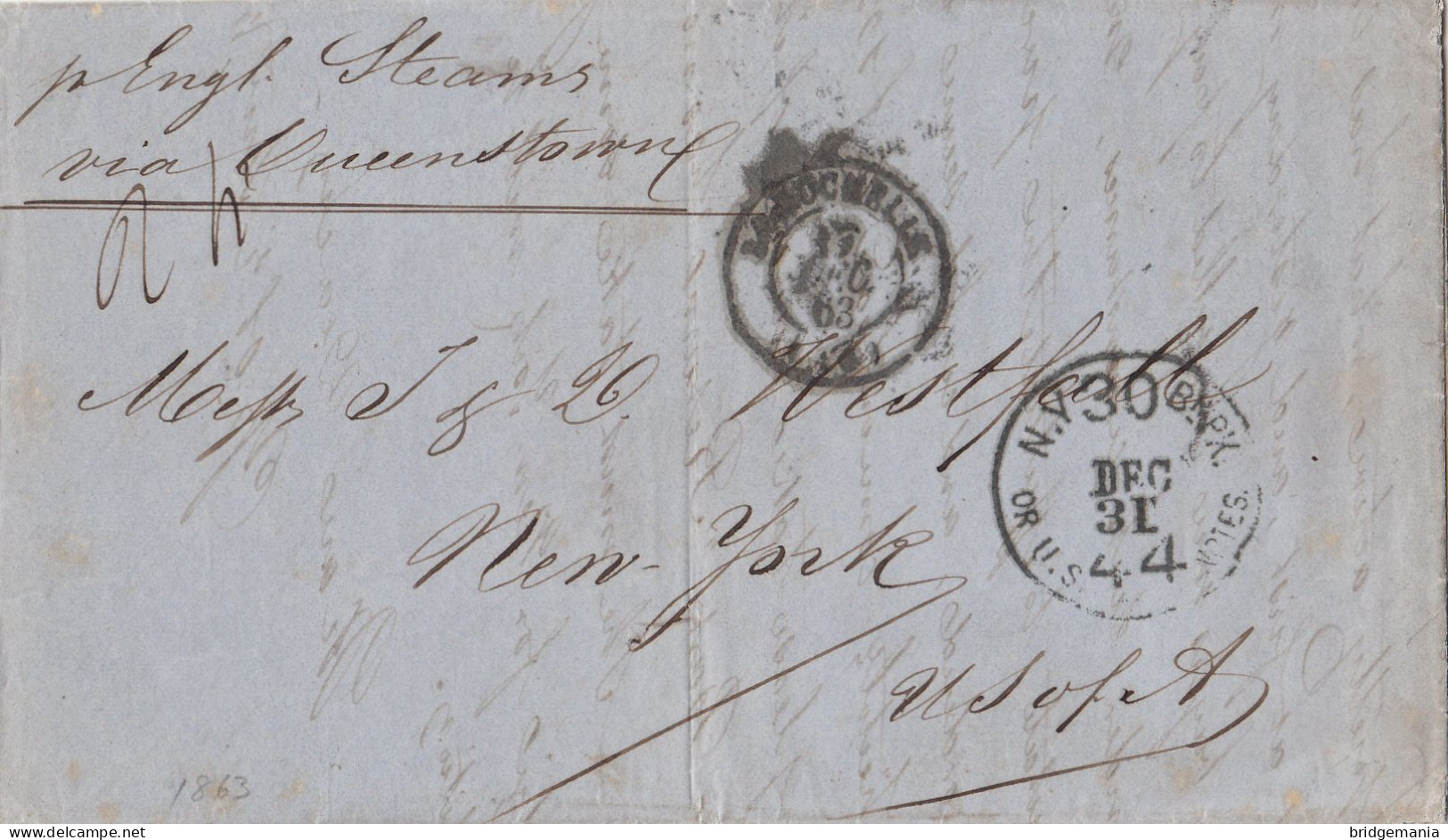 MTM145 - 1863 TRANSATLANTIC LETTER FRANCE TO USA Steamer PERSIA CUNARD - UNPAID 2 RATE - DEPRECIATED CURRENCY - Poststempel