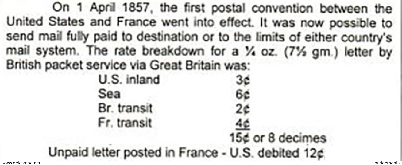 MTM145 - 1863 TRANSATLANTIC LETTER FRANCE TO USA Steamer PERSIA CUNARD - UNPAID 2 RATE - DEPRECIATED CURRENCY - Storia Postale