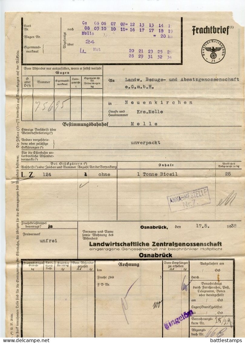 Germany 1938 Deutsche Reichsbahn Frachtbrief (Waybill); Osnabrück, Landwirtschaftliche Zentralgenossenschaft To Melle - Briefe U. Dokumente