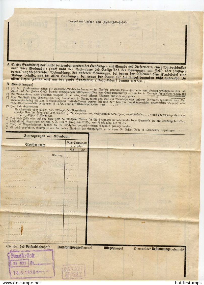 Germany 1938 Deutsche Reichsbahn Frachtbrief (Waybill); Osnabrück, Landwirtschaftliche Zentralgenossenschaft To Melle - Cartas & Documentos