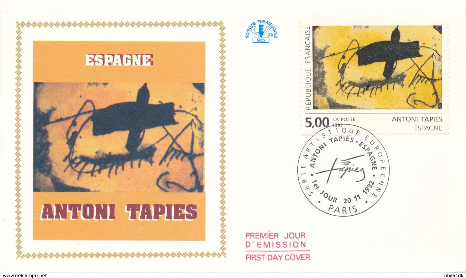 FRANCE - ENVELOPPE PREMIER JOUR TABLEAU ANTONI TAPIES ESPAGNE OBLITEREE PARIS DU 20 NOVEMBRE 1992 - 1990-1999