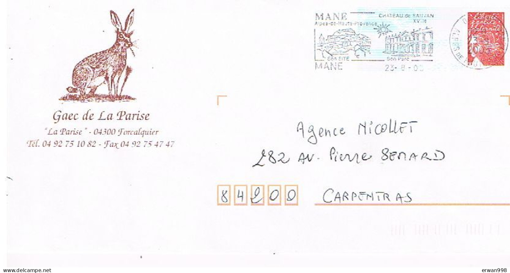 PAP 04 FORCALQUIER GAEC La Parise Avec Flamme SECAP IIlustrée MANE Th Lapin-lièvre, Et Pour Flamme Château 100 - Listos A Ser Enviados: Otros (1995-...)