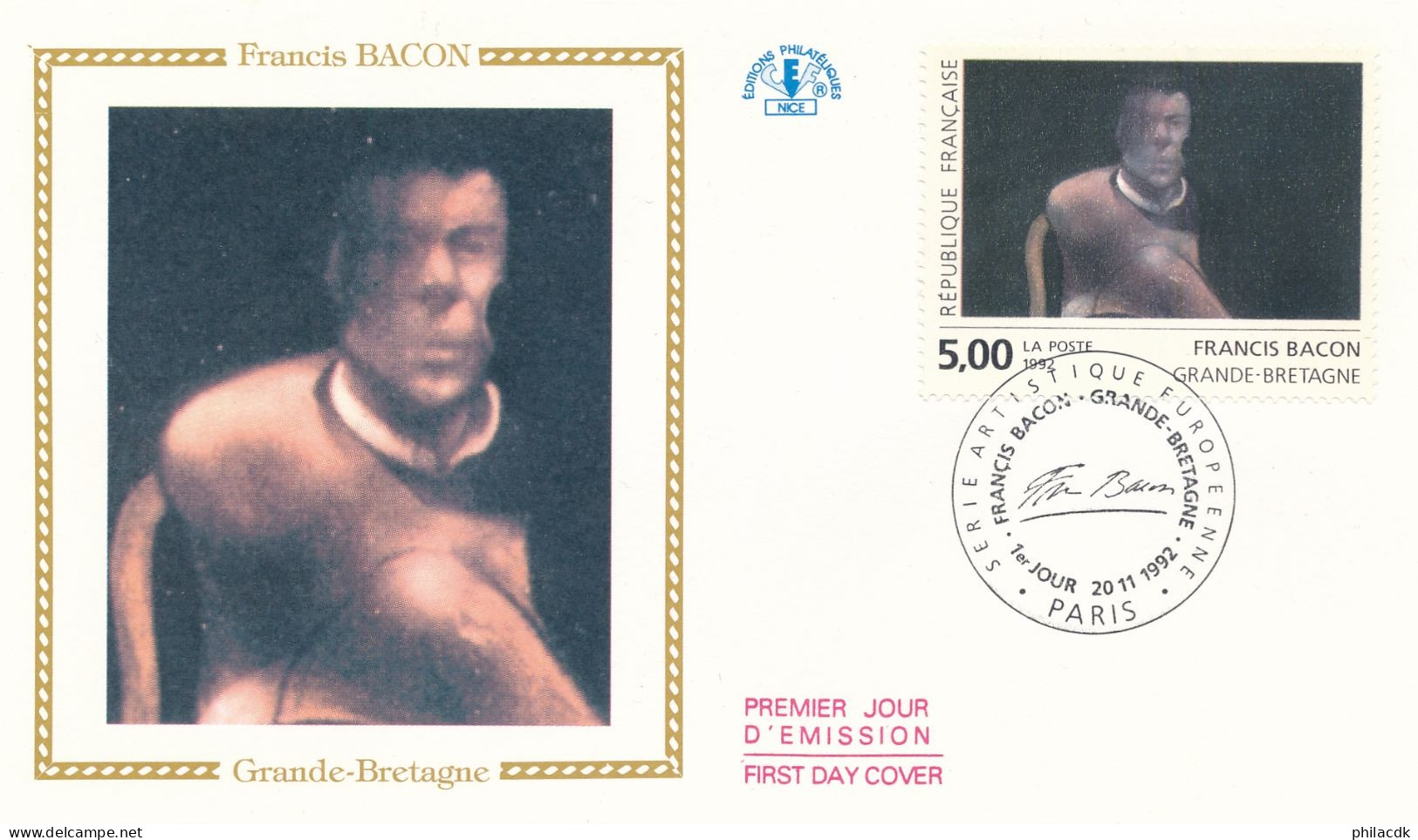 FRANCE - ENVELOPPE PREMIER JOUR TABLEAU FRANCIS BACON GRANDE BRETAGNE OBLITEREE PARIS DU 20 NOVEMBRE 1992 - 1990-1999