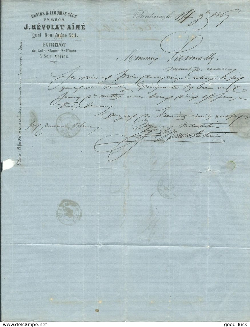 FRANCE LETTRE 20c GC 532 BORDEAUX BOITE MOBILE ( GIRONDE ) POUR MONT DE MARSAN ( LANDES ) DE 1867 LETTRE COVER - 1849-1876: Klassik