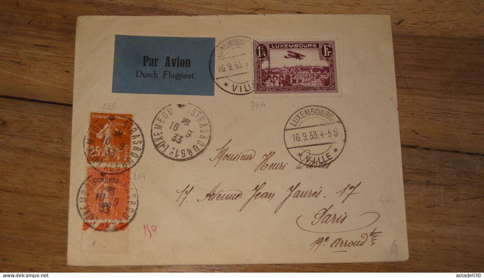 Enveloppe LUXEMBOURG Et FRANCE, Mixte, Par Avion - 1933 ......... Boite1 ..... 240424-215 - Briefe U. Dokumente