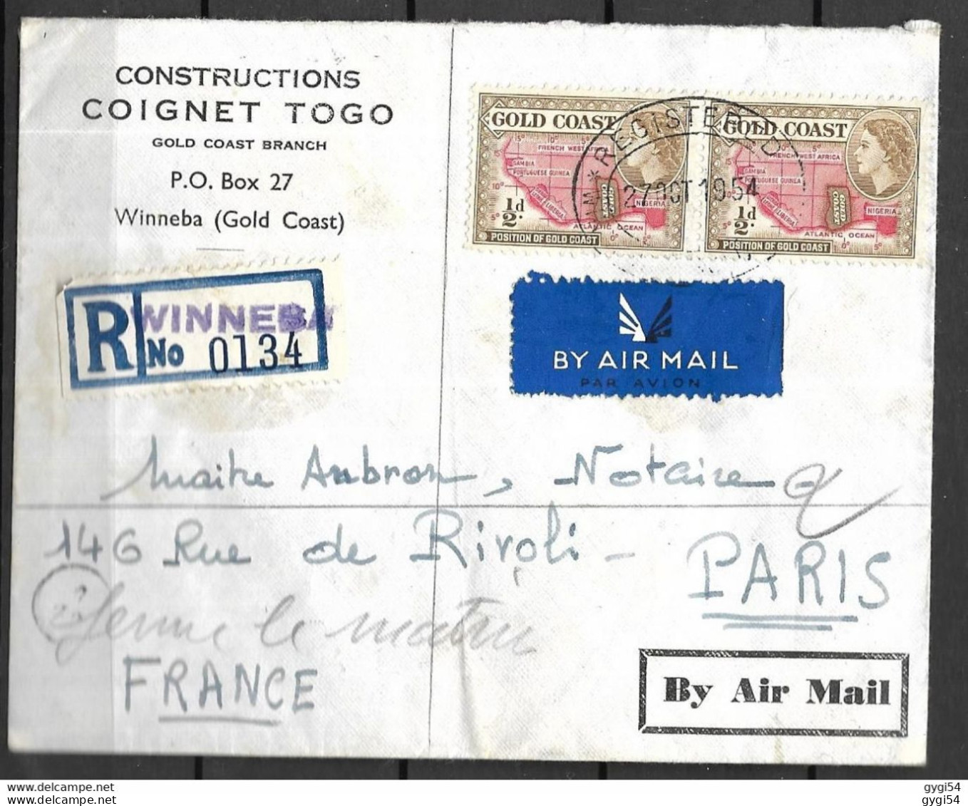 Gold   Coast    LETTRE Recommandée Du  27 10 1954 De  Wnneba Pour Paris - Costa D'Oro (...-1957)