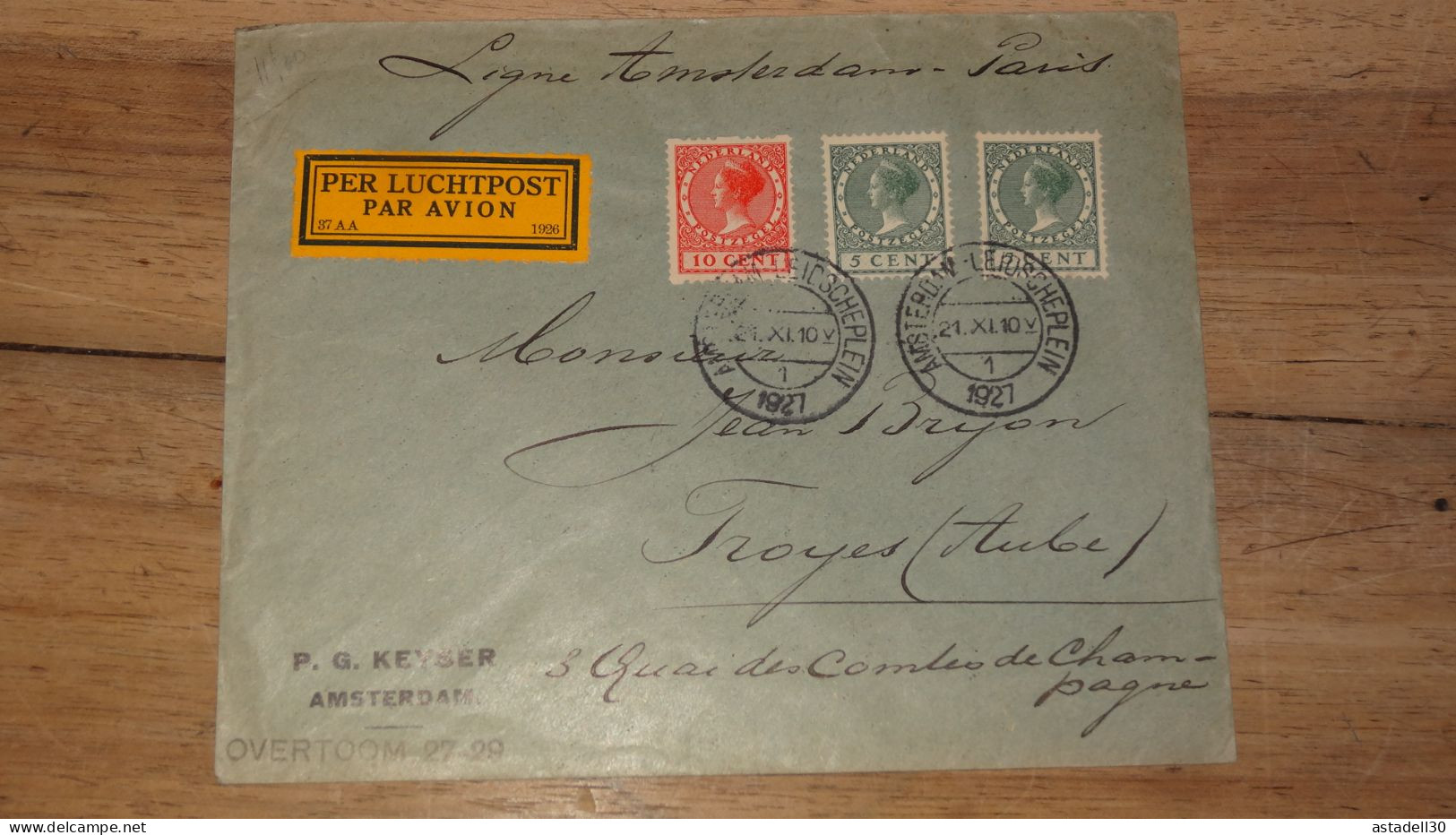 Enveloppe NEDERLAND, Par Avion, 1927 ......... Boite1 ..... 240424-216 - Covers & Documents
