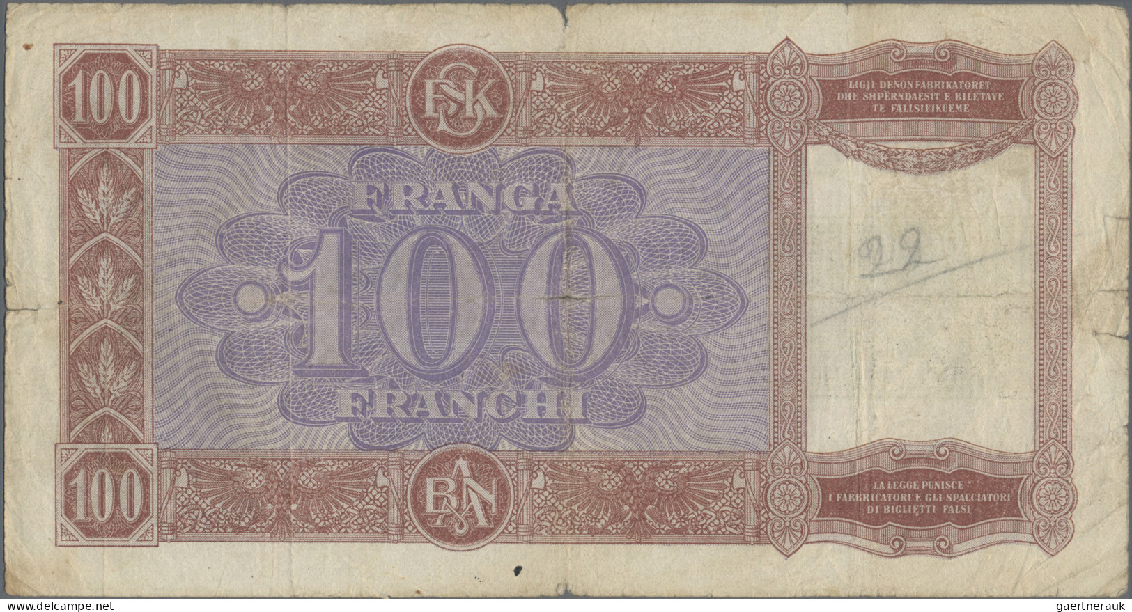Albania: Albanian State Bank, Set Of 5 Banknotes 100 Franga 1945 Provisional Iss - Albanien