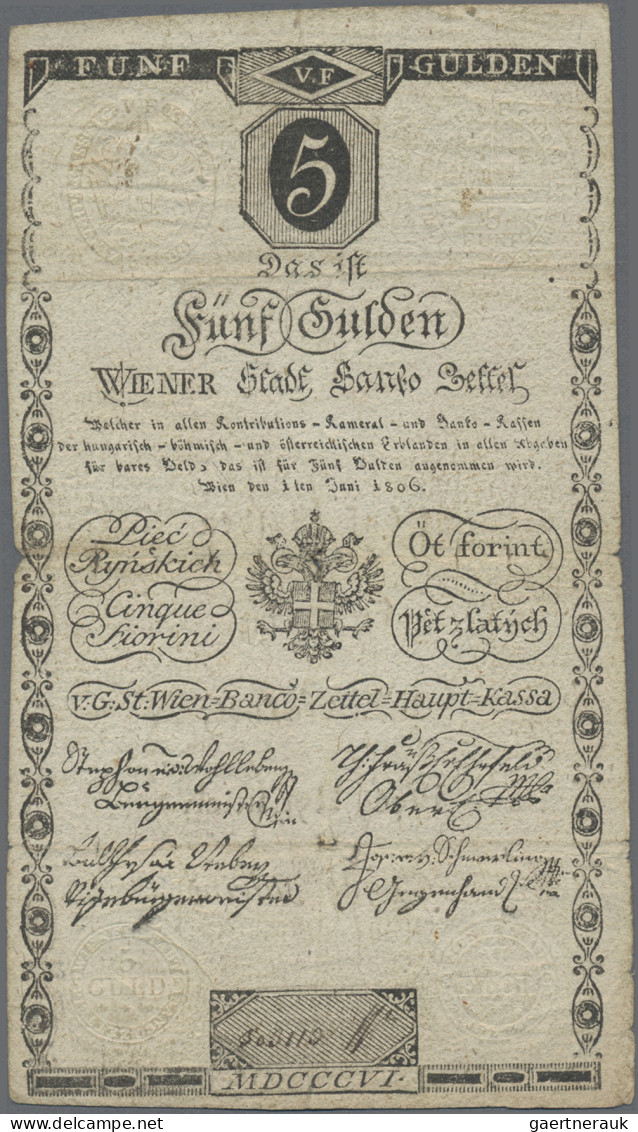 Austria: Wiener Stadt-Banko-Zettel, 5 Gulden 1806 (P.A38, F/F-, Tiny Tears) And - Autriche