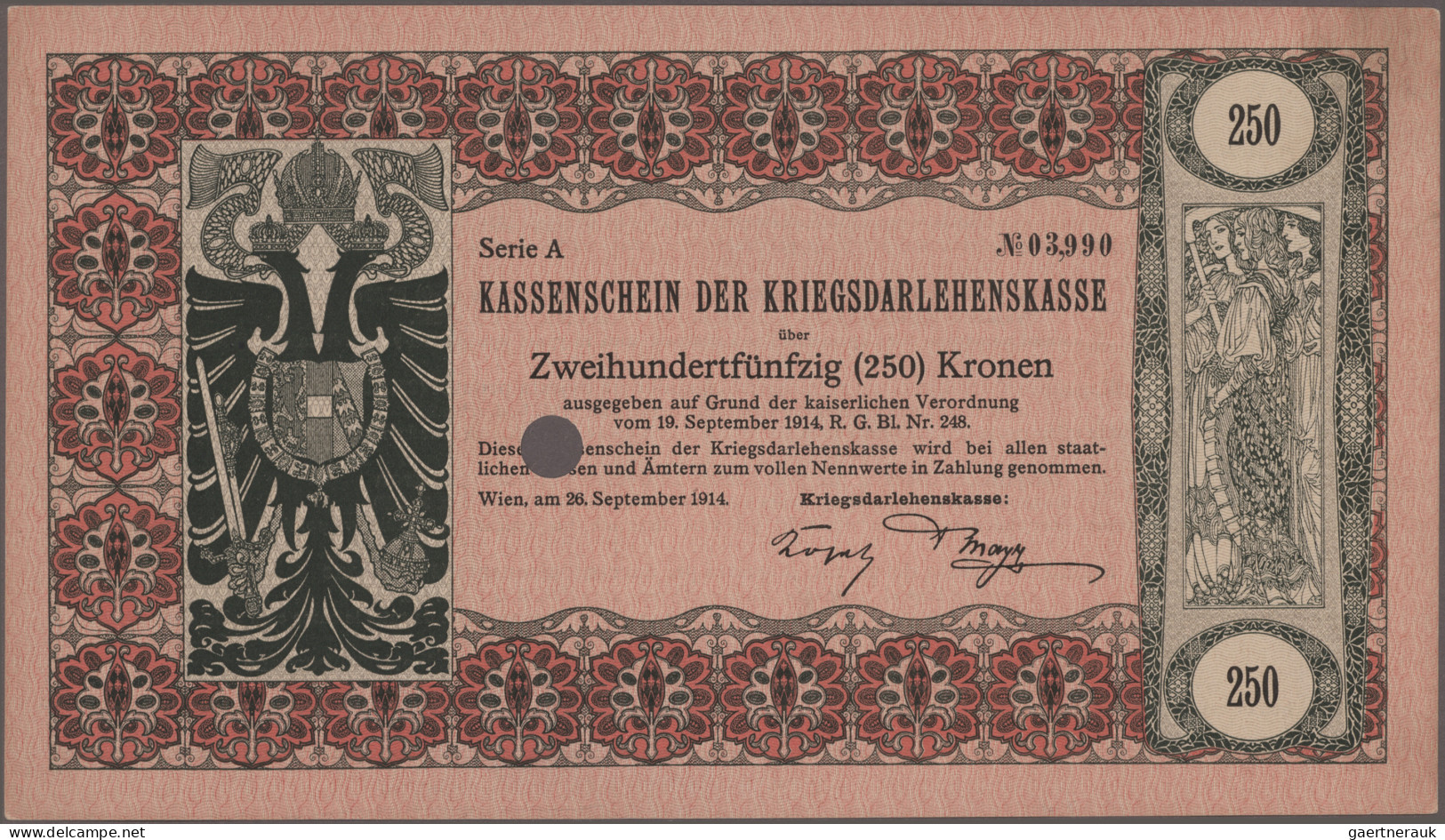 Austria: Kassenschein Der Kriegsdarlehenskasse, 250 Kronen 1914, P.26, Punch Hol - Austria