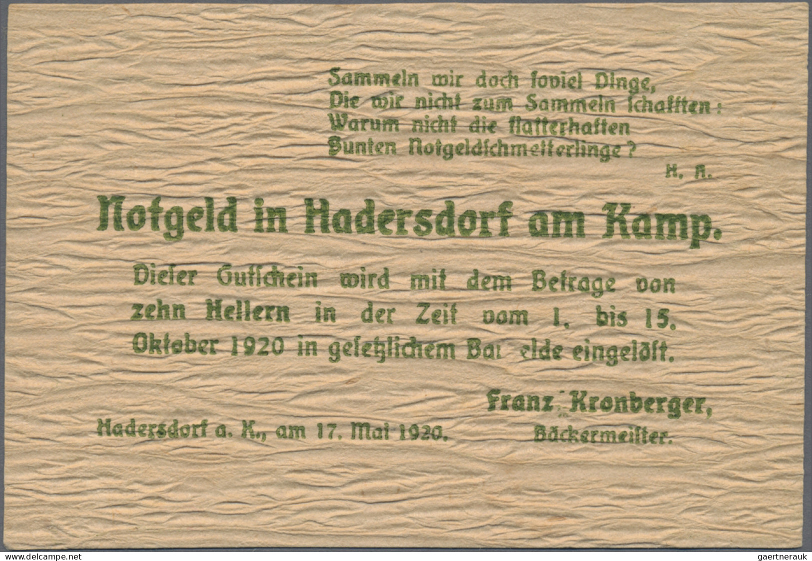 Austria: Hadersdorf Am Kamp, Franz Kronberger, 10, 20, 50 H., 17.5.1920, 10 H. W - Austria