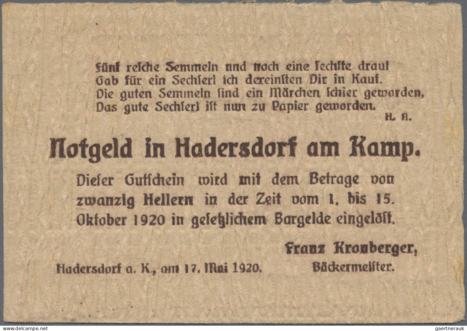 Austria: Hadersdorf Am Kamp, Franz Kronberger, 10, 20, 50 H., 17.5.1920, 10 H. W - Oesterreich