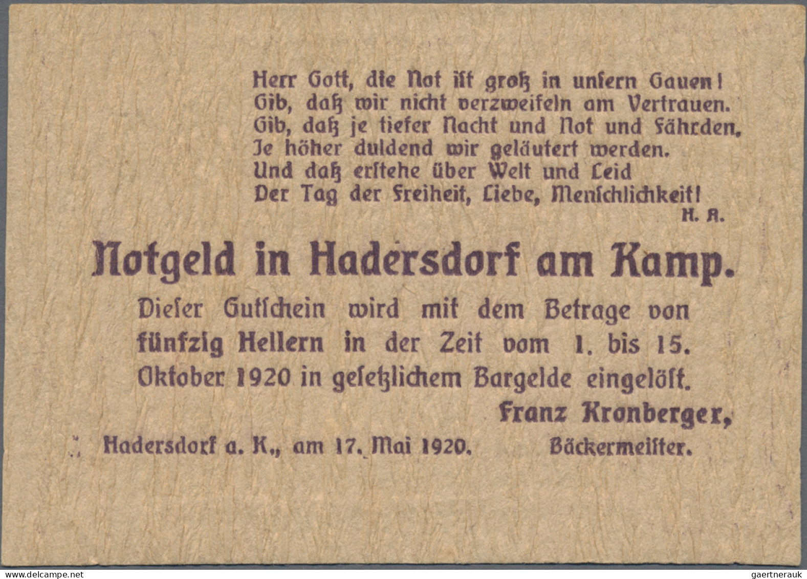 Austria: Hadersdorf Am Kamp, Franz Kronberger, 10, 20, 50 H., 17.5.1920, 10 H. W - Autriche