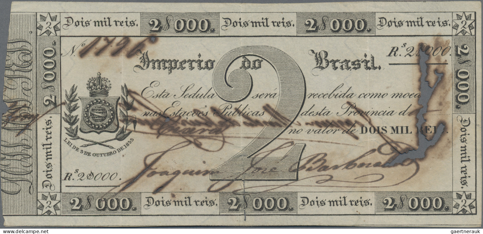 Brazil: Imperio Do Brasil, 1 Mil Reis 1833, P.A151, Small Tears Due To Ink Corro - Brazil