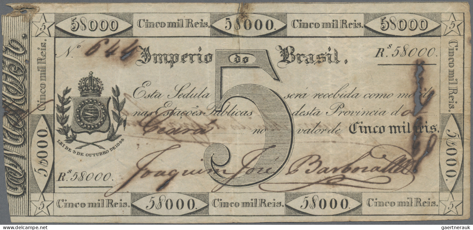 Brazil: Imperio Do Brasil, 5 Mil Reis 1833, P.A153, Small Tears Due To Ink Corro - Brazilië
