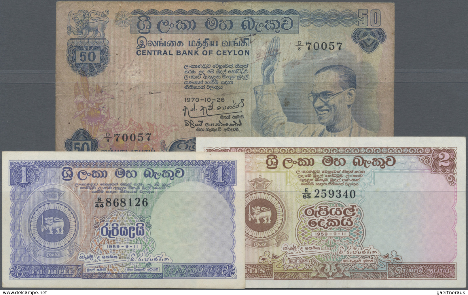 Ceylon: Central Bank Of Ceylon, Lot With 3 Banknotes, Series 1959 And 1970, With - Sri Lanka