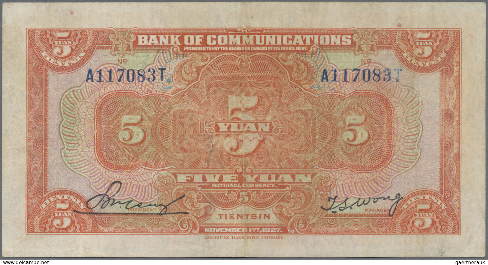 China: 5 Yuan 1927 - Bank Of Communications, Place Of Issue TIENTSIN, 5 Yuan 192 - Cina