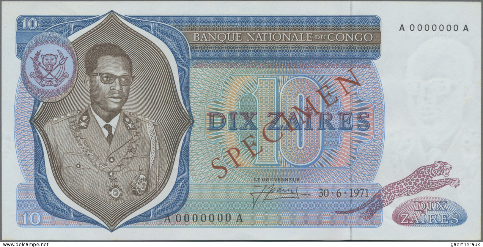 Congo: Congo Republic – KINSHASA, 10 Zaires 1971 SPECIMEN, P.15s, Tiny Dent Uppe - Unclassified