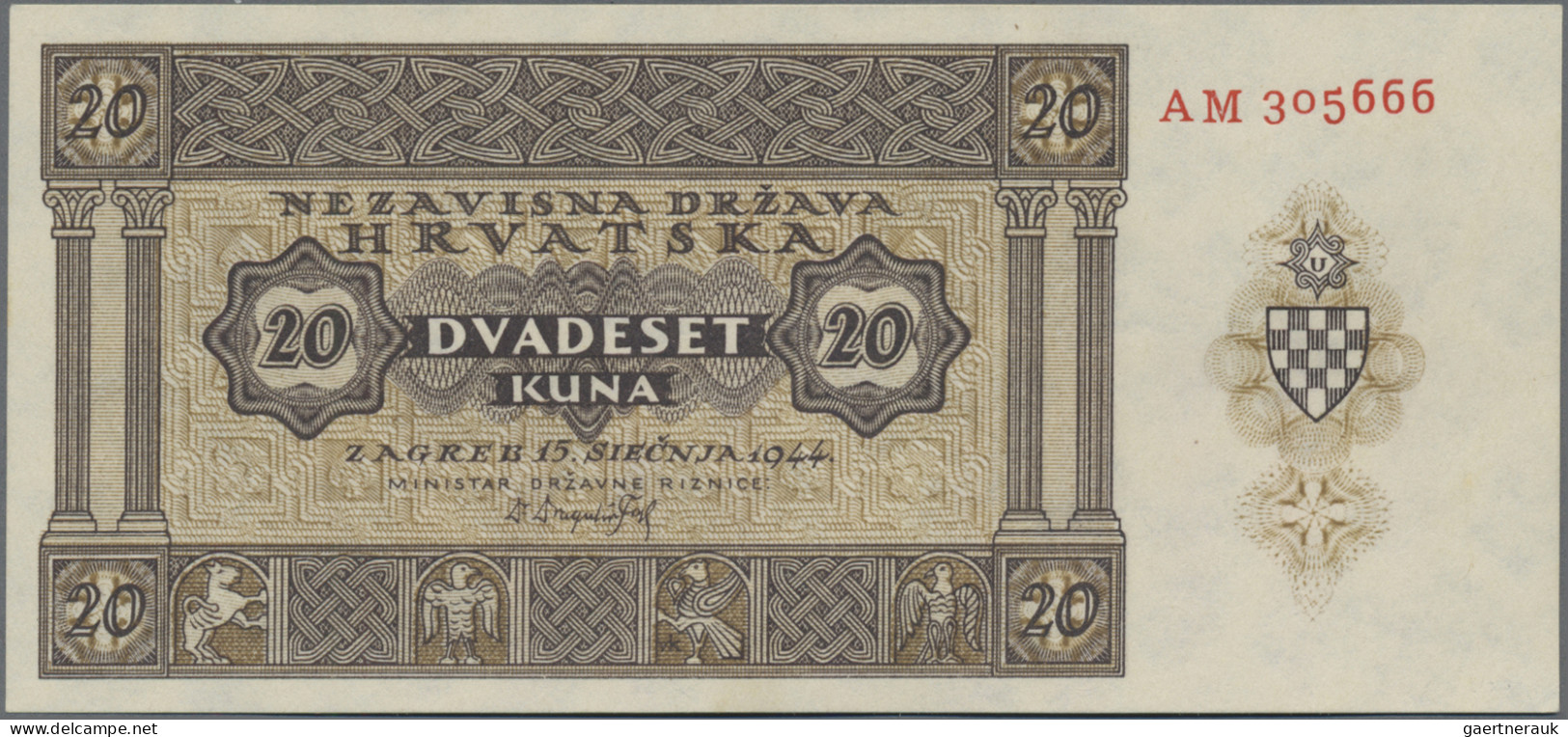 Croatia: 20 Kuna 1944 (P.9b In UNC) And 100 Kuna 1943 (P.11, UNC). (2 Pcs.) - Croacia