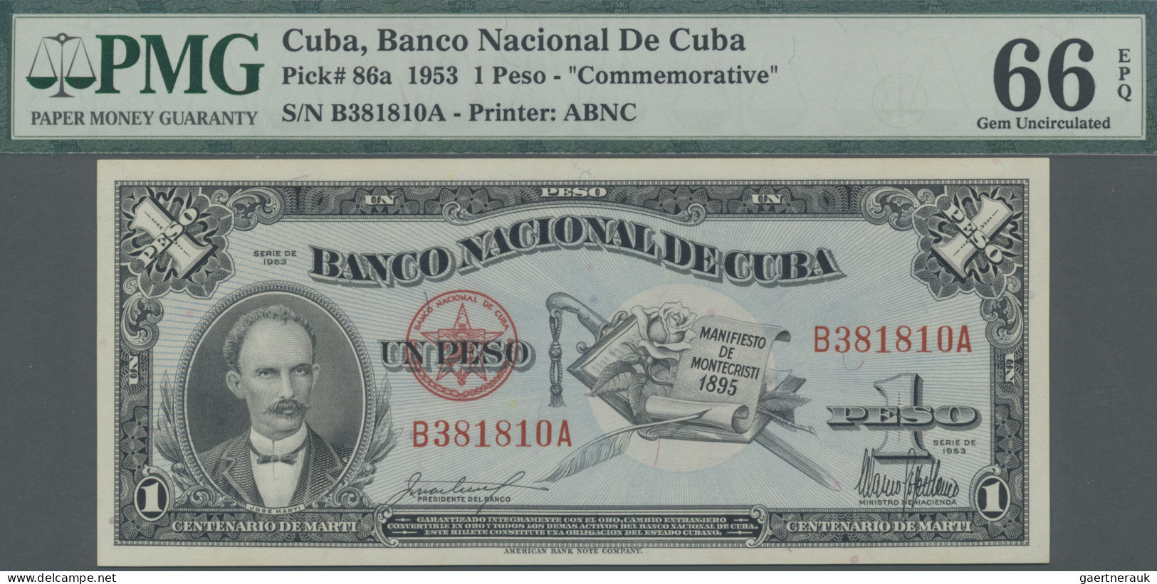 Cuba: Banco Nacional De Cuba, 1 Peso 1953, Commemorative Issue "Centennial Birth - Cuba