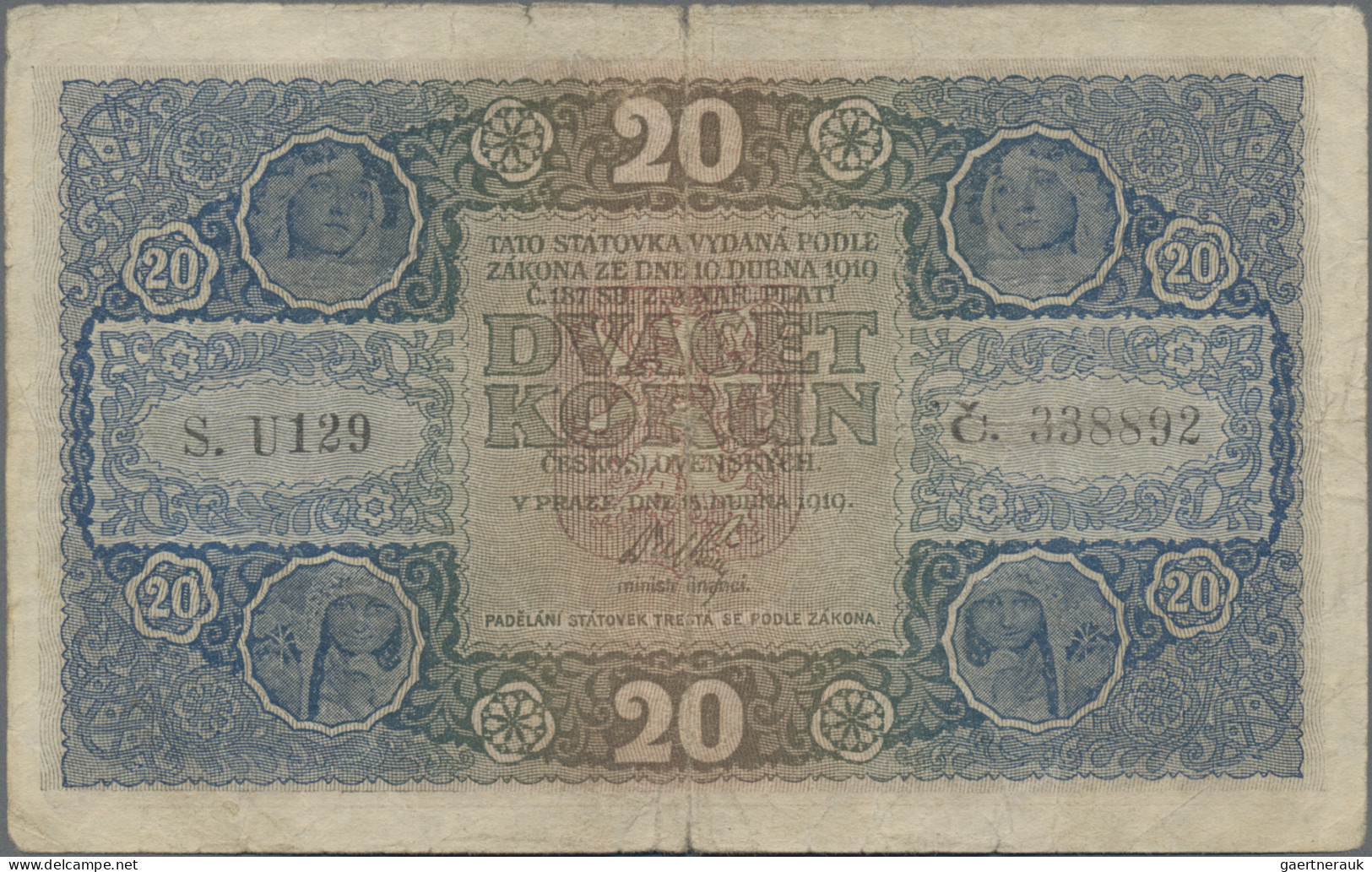 Czechoslovakia: Republika Československá 20 Korun 1919, Series "U", P.9, Toned P - Tchécoslovaquie