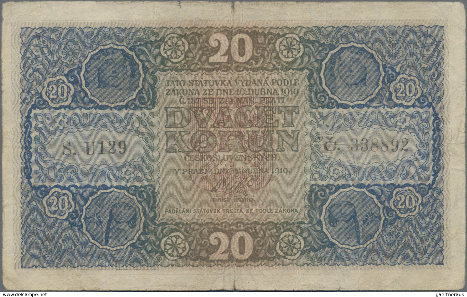 Czechoslovakia: Republika Československá 20 Korun 1919, Series "U", P.9, Toned P - Czechoslovakia