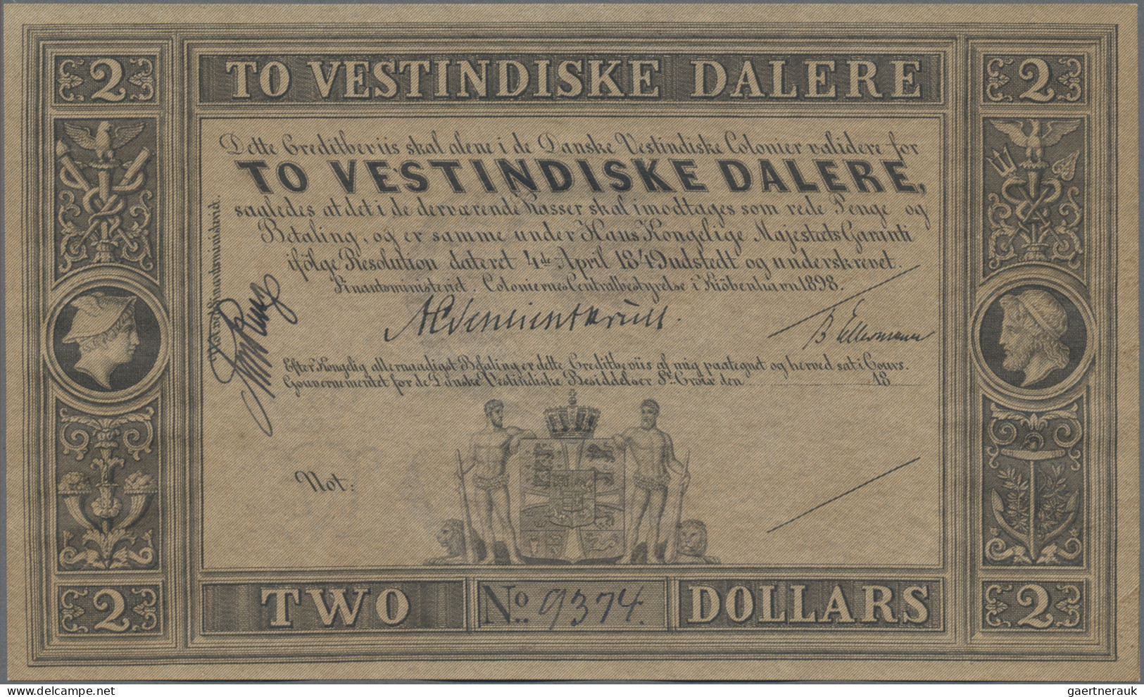 Danish West Indies: State Treasury, 2 Vestindiske Dalere / Dollars L. 04.04.1849 - Danemark