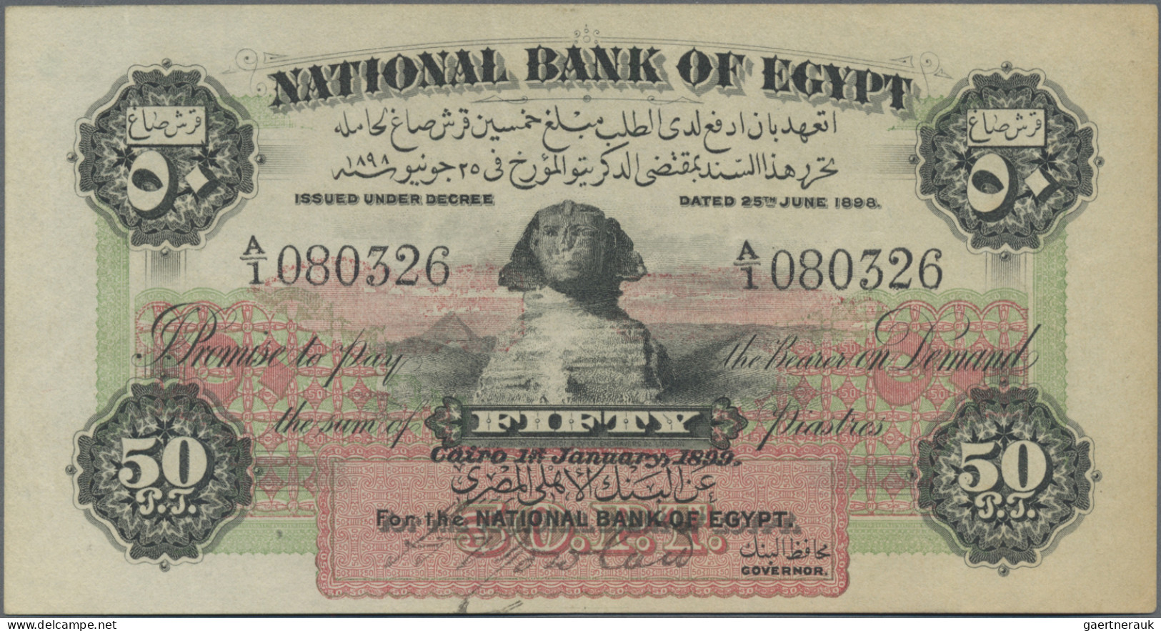 Egypt: National Bank Of Egypt, 50 Piastres 1st January 1899, Serial # A/1 080326 - Egypte