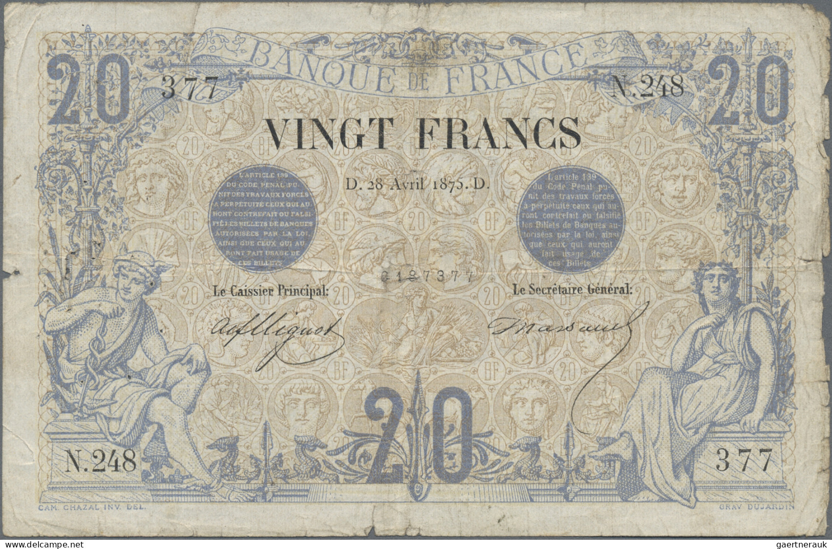 France: Banque De France, 20 Francs 1875, Signatures Mignot & Marsaud, P.61a, Ra - Autres & Non Classés
