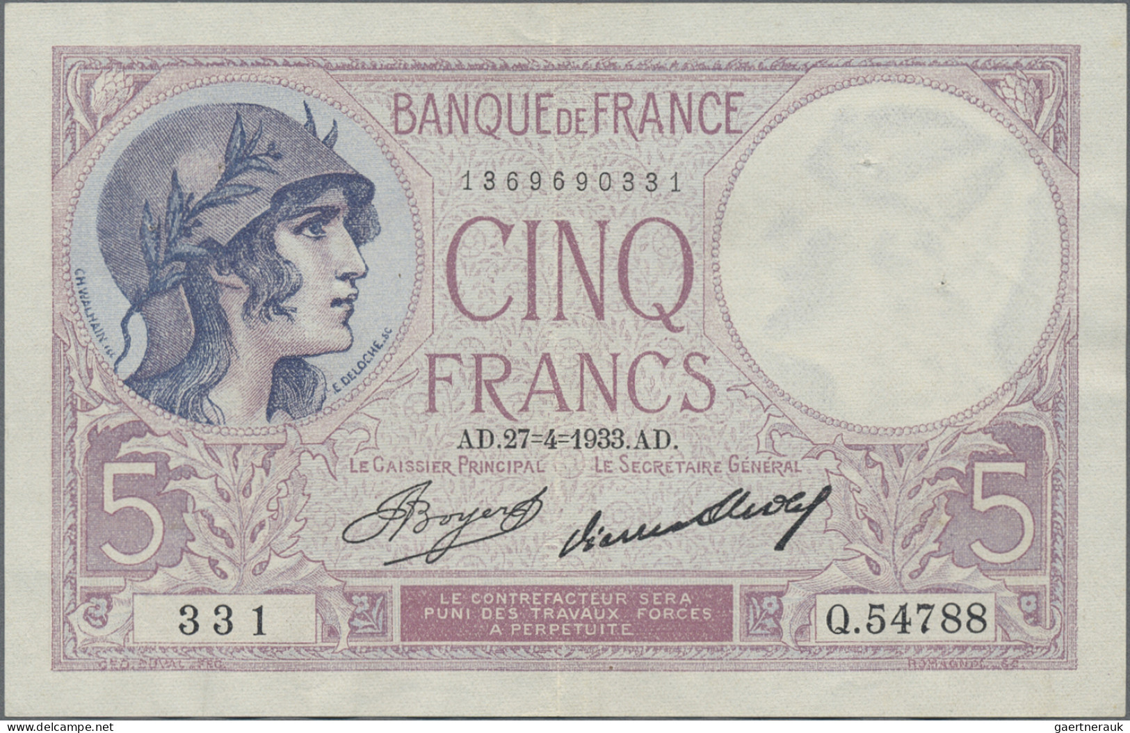 France: Banque de France, set with 6 banknotes, series 1917-1933, with 3x 5 Fran