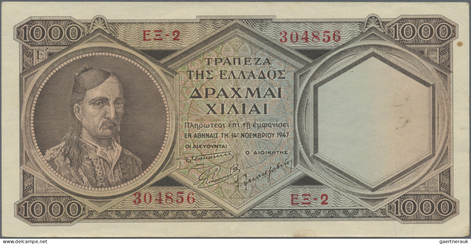 Greece: Bank of Greece, lot with 5 banknotes, series 1945-1947, with 5.000 Drach