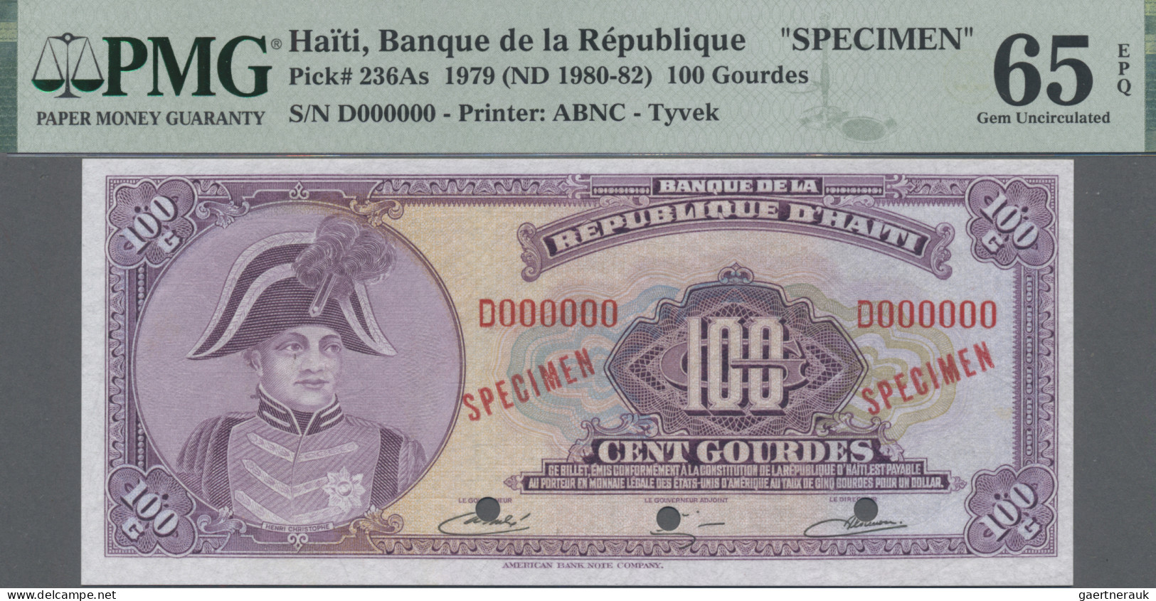 Haiti: Banque De La Republique D'Haiti, 100 Gourdes ND(1980-82) SPECIMEN, Printe - Haïti