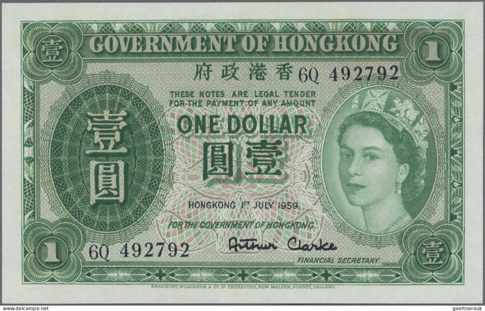 Hong Kong: Government Of Hong Kong, Pair With 1 Dollar 1952 (P.324b, UNC) And 1 - Hong Kong