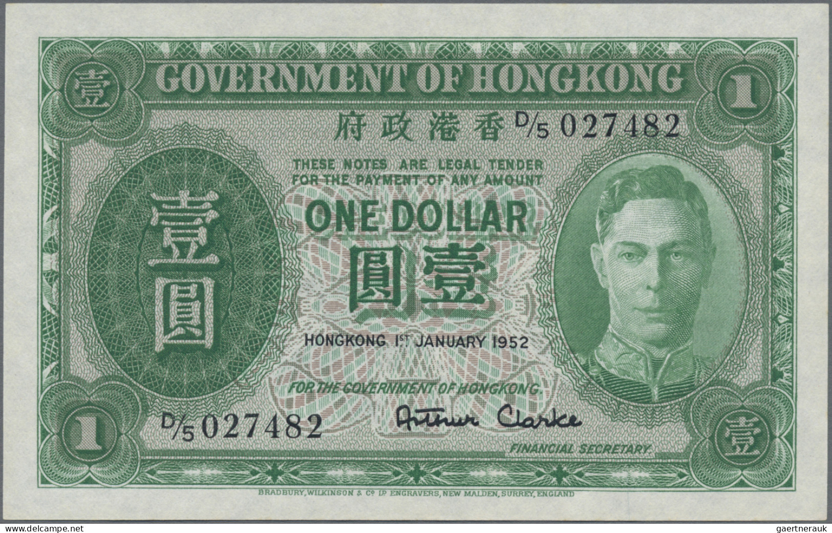 Hong Kong: Government Of Hong Kong, Pair With 1 Dollar 1952 (P.324b, UNC) And 1 - Hong Kong