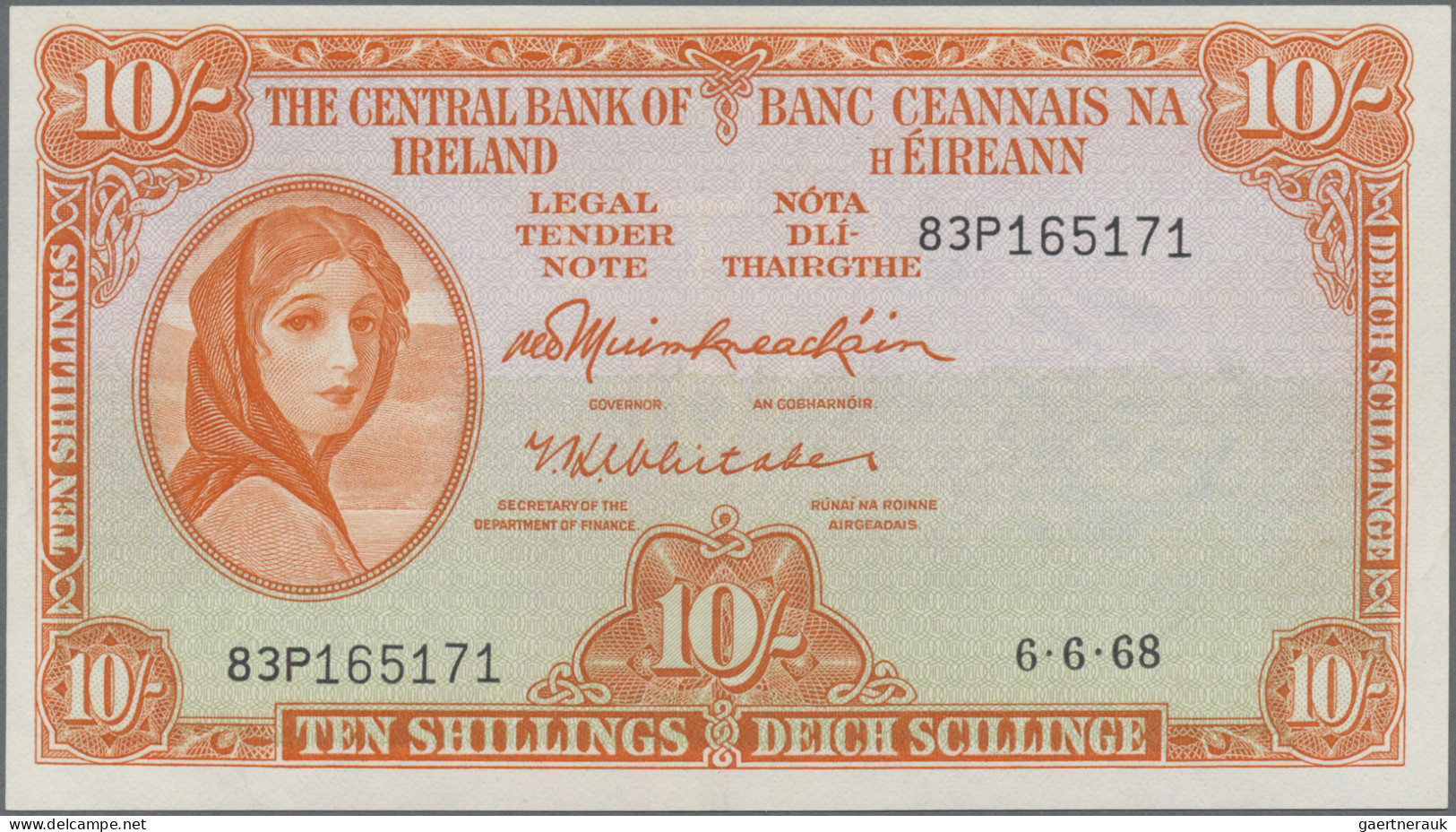 Ireland: Central Bank Of Ireland, 10 Shillings 1968, P.63a, Very Soft Vertical B - Irlanda