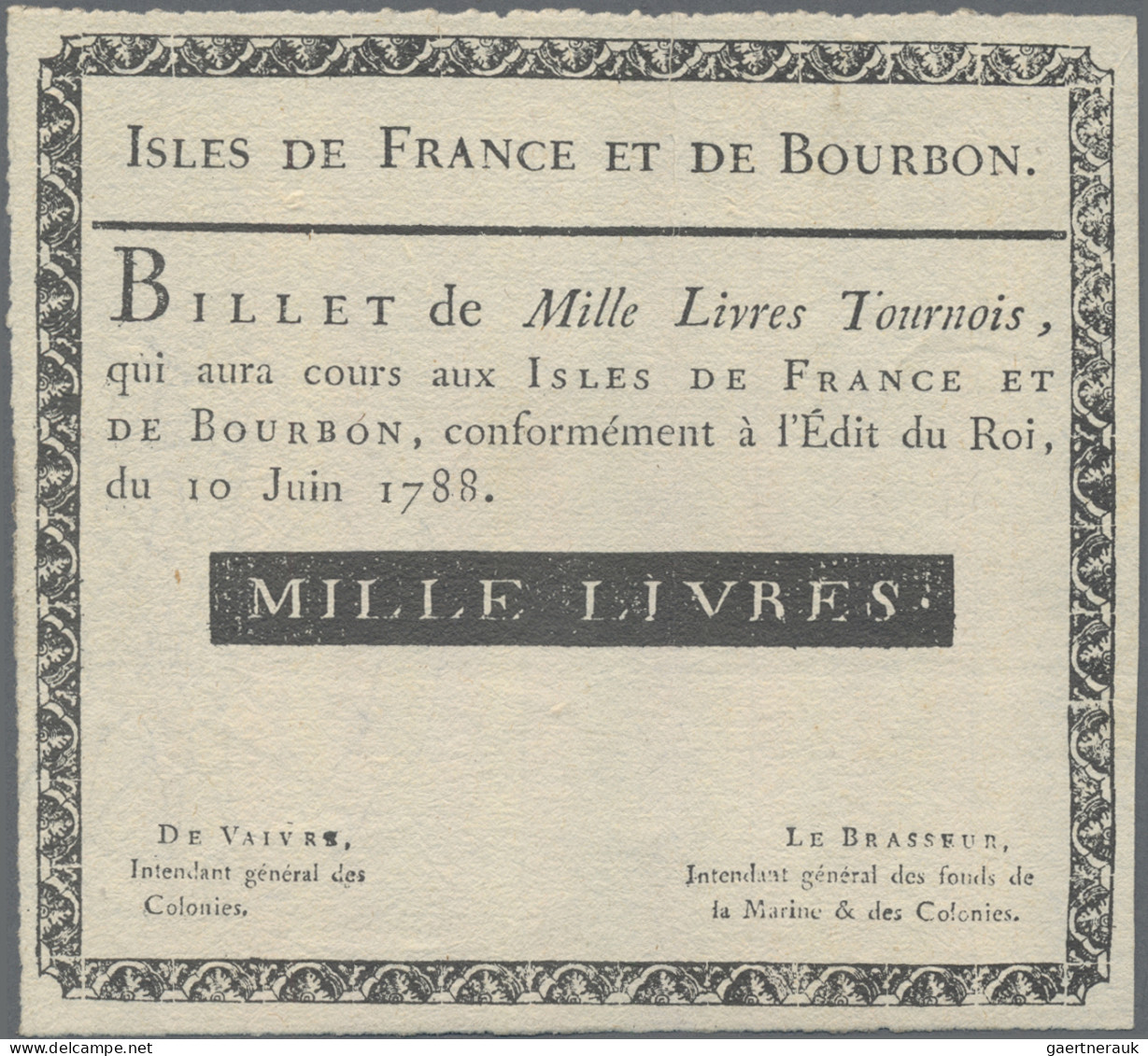 Isle De France Et De Bourbon: Comissaire Des Colonies, Series 1788, Very Nice Se - Assignats & Mandats Territoriaux