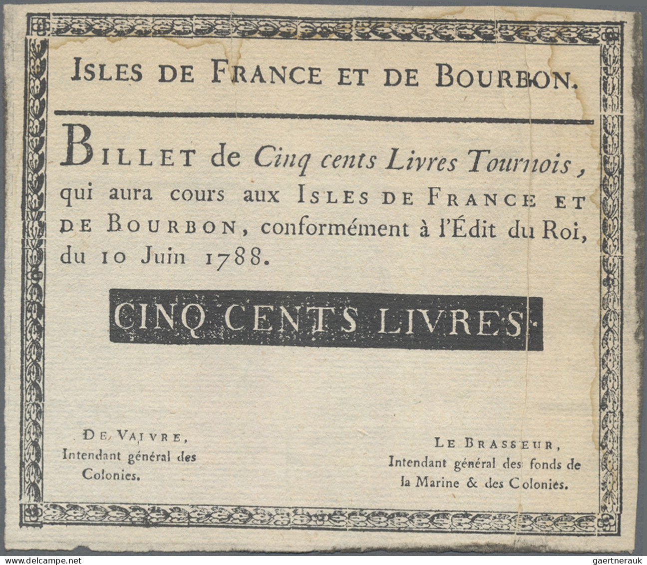 Isle De France Et De Bourbon: Comissaire Des Colonies, Series 1788, Very Nice Se - Assignats & Mandats Territoriaux